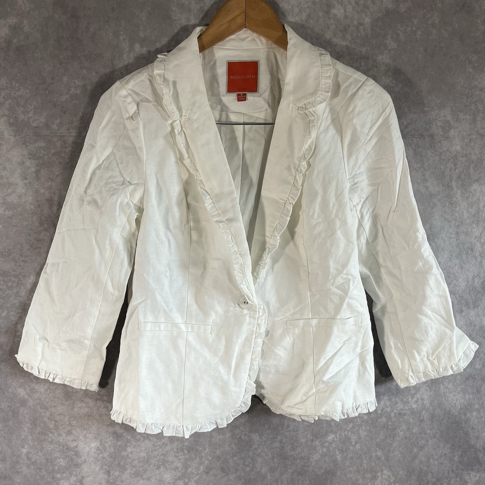 ModCloth Blazer Women Small White Linen Blend Ruffle Trim 3/4 Sleeve Jacket